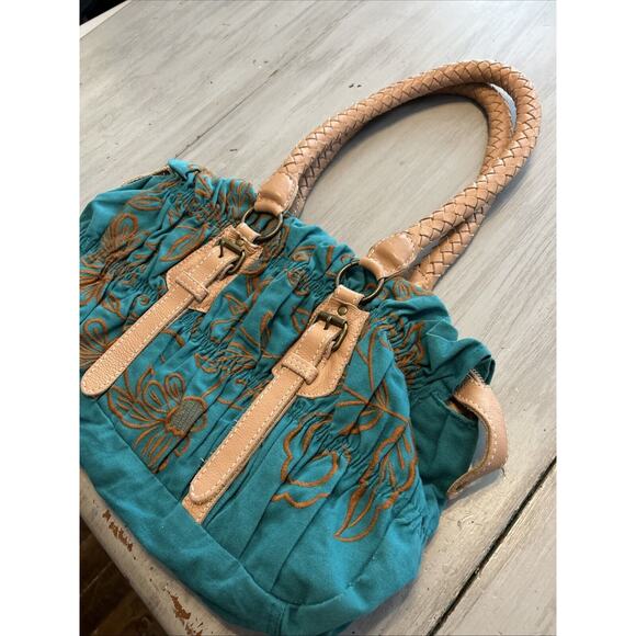 Nest Teal Blue Tan Brown Embroidered Shoulder Bag Purse Leather Woven Strap Boho - Picture 2 of 12
